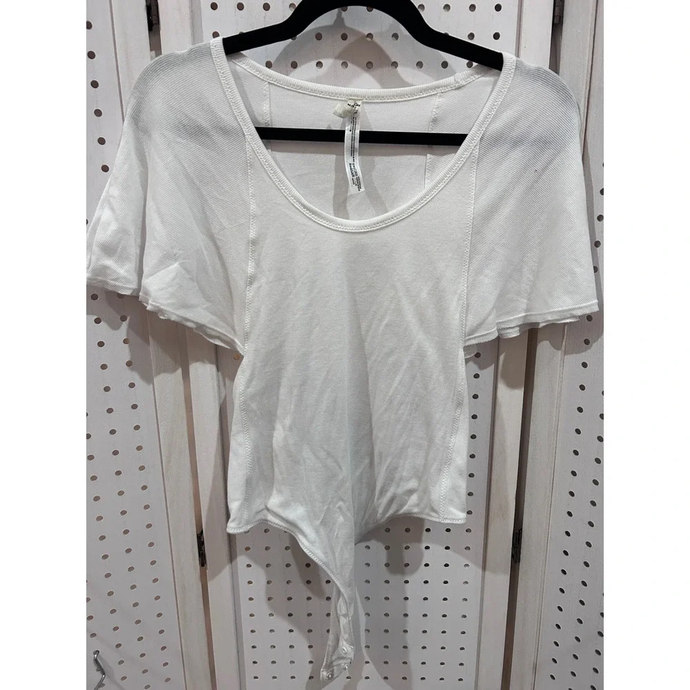Free People White Ribbed Knit Short Sleeve Bodysuit Snap Closure Cutout Sides - Picture 1 of 8